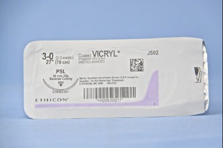 J & J Healthcare Systems  J502H Absorbable Suture with Needle Coated Vicryl Polyglactin 910 PSL 3/8 Circle Reverse Cutting Needle Size 3 - 0 Braided