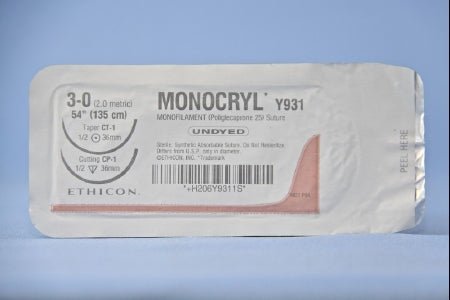 J & J Healthcare Systems  Y931H Absorbable Suture with Needle Monocryl Poliglecaprone CT-1 1/2 Circle Taper Point / Reverse Cutting Needle Size 3 - 0 Monofilament