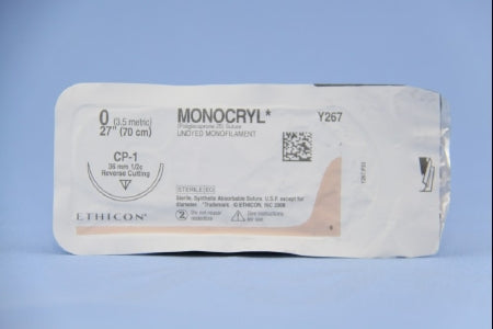 J & J Healthcare Systems  Y267H Absorbable Suture with Needle Monocryl Poliglecaprone CP-1 1/2 Circle Reverse Cutting Needle Size 0 Monofilament