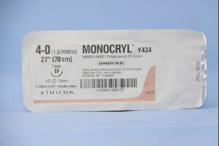 J & J Healthcare Systems  Y434H Absorbable Suture with Needle Monocryl Poliglecaprone TF 1/2 Circle Taper Point Needle Size 4 - 0 Monofilament