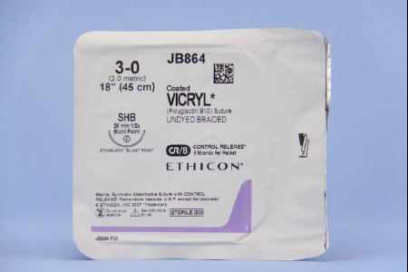 J & J Healthcare Systems  JB864 Absorbable Suture with Needle Coated Vicryl Polyglactin 910 SHB 1/2 Circle Blunt Point Needle Size 3 - 0 Braided