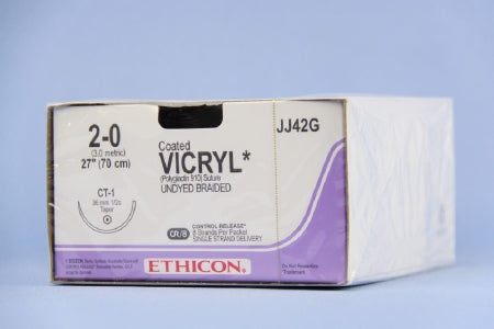 J & J Healthcare Systems  JJ42G Absorbable Suture with Needle Coated Vicryl Polyglactin 910 CT-1 1/2 Circle Taper Point Needle Size 2 - 0 Braided