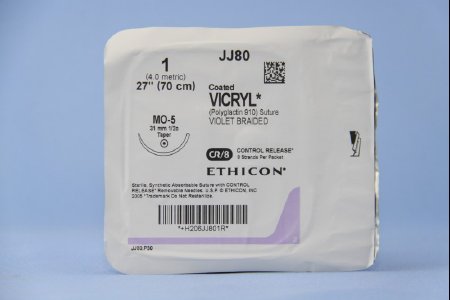 J & J Healthcare Systems  JJ80G Absorbable Suture with Needle Coated Vicryl Polyglactin 910 MO-5 1/2 Circle Taper Point Needle Size 1 Braided