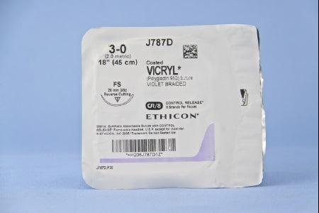 J & J Healthcare Systems  J787D Absorbable Suture with Needle Coated Vicryl Polyglactin 910 FS 3/8 Circle Reverse Cutting Needle Size 3 - 0 Braided