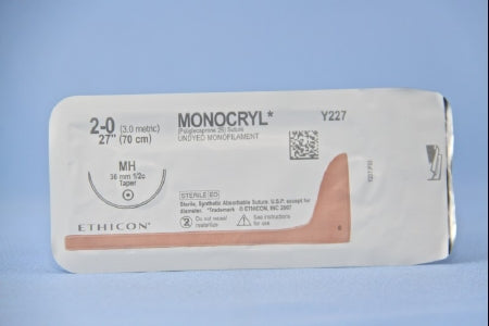 J & J Healthcare Systems  Y227H Absorbable Suture with Needle Monocryl Poliglecaprone MH 1/2 Circle Taper Point Needle Size 2 - 0 Monofilament