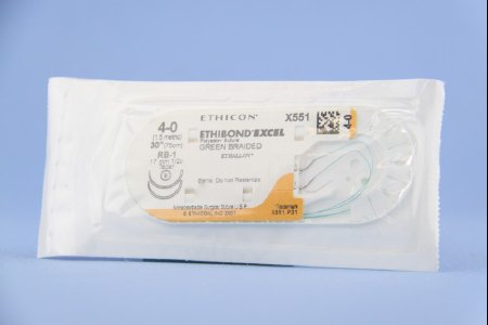 J & J Healthcare Systems  X551H Nonabsorbable Suture with Needle Ethibond Polyester RB-1 1/2 Circle Taper Point Needle Size 4 - 0 Braided