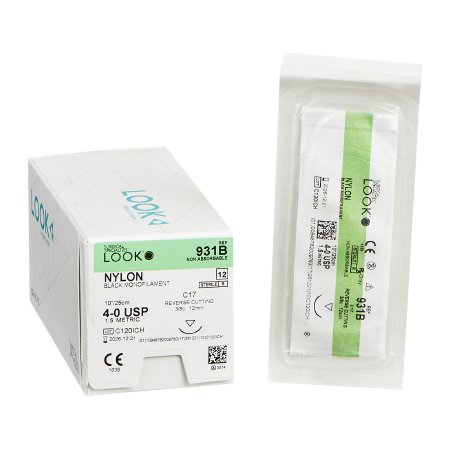 Surgical Specialties  931B Nonabsorbable Suture with Needle LOOK Nylon C-17 3/8 Circle Reverse Cutting Needle Size 4 - 0 Monofilament