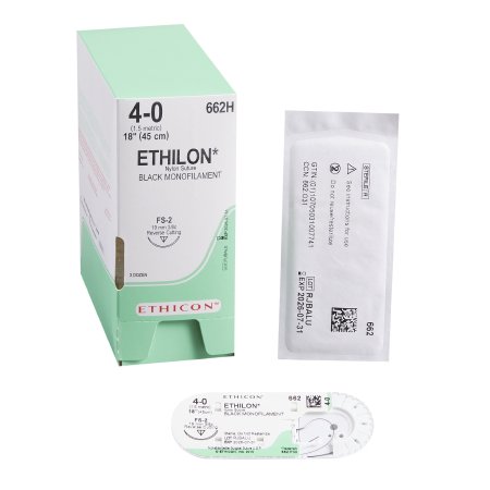 J & J Healthcare Systems  662H Nonabsorbable Suture with Needle Ethilon Nylon FS-2 3/8 Circle Reverse Cutting Needle Size 4 - 0 Monofilament