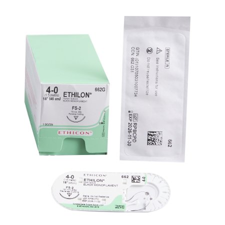 J & J Healthcare Systems  662G Nonabsorbable Suture with Needle Ethilon Nylon FS-2 3/8 Circle Reverse Cutting Needle Size 4 - 0 Monofilament