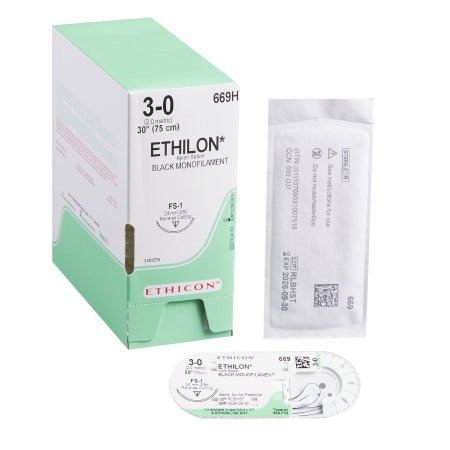 J & J Healthcare Systems  669H Nonabsorbable Suture with Needle Ethilon Nylon FS-1 3/8 Circle Reverse Cutting Needle Size 3 - 0 Monofilament