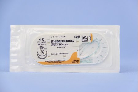 J & J Healthcare Systems  X557H Nonabsorbable Suture with Needle Ethibond Polyester RB-1 1/2 Circle Taper Point Needle Size 4 - 0 Braided