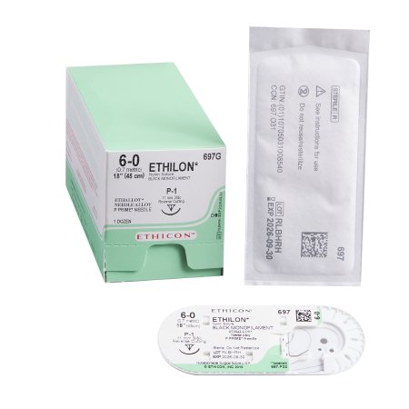 J & J Healthcare Systems  697G Nonabsorbable Suture with Needle Ethilon Nylon P-1 3/8 Circle Precision Reverse Cutting Needle Size 6 - 0 Monofilament