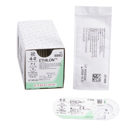 J & J Healthcare Systems  699G Nonabsorbable Suture with Needle Ethilon Nylon P-3 3/8 Circle Precision Reverse Cutting Needle Size 4 - 0 Monofilament