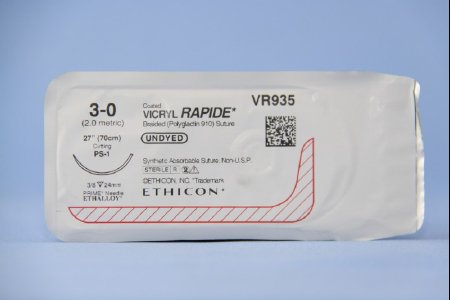 J & J Healthcare Systems  VR935 Absorbable Suture with Needle Coated Vicryl Rapide Polyglactin 910 PS-1 3/8 Circle Precision Reverse Cutting Needle Size 3 - 0 Braided