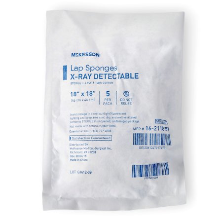 McKesson Brand 16-2118181 Surgical Laparotomy Sponge McKesson X-Ray Detectable Cotton 18 X 18 Inch 5 Count Soft Pack Sterile