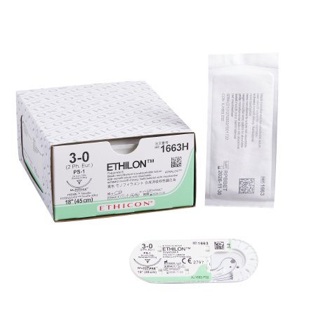 J & J Healthcare Systems  1663H Nonabsorbable Suture with Needle Ethilon Nylon PS-1 3/8 Circle Reverse Cutting Needle Size 3 - 0 Monofilament