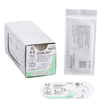 J & J Healthcare Systems  1667G Nonabsorbable Suture with Needle Ethilon Nylon PS-2 3/8 Circle Precision Reverse Cutting Needle Size 4 - 0 Monofilament