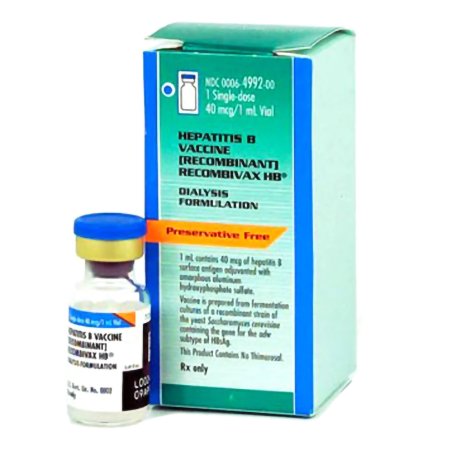 Merck  00006499200 Recombivax HB Dialysis Formulation Hepatitis B Vaccine Indicated for People 18 Years of Age and Older 40 mcg / mL Injection Single-Dose Vial 1 mL