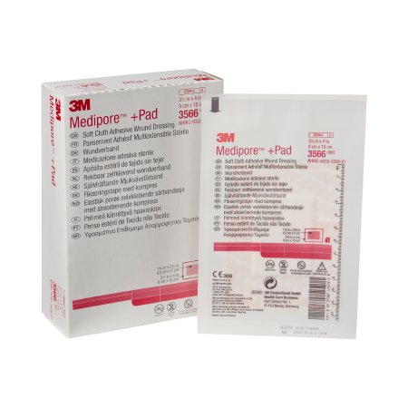 3M  3566 Adhesive Dressing 3M Medipore 3-1/2 X 4 Inch Soft Cloth Rectangle White Sterile