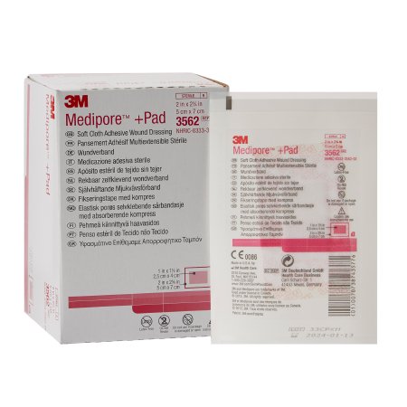 3M  3562 Adhesive Dressing 3M Medipore 2 X 2-3/4 Inch Soft Cloth Rectangle White Sterile