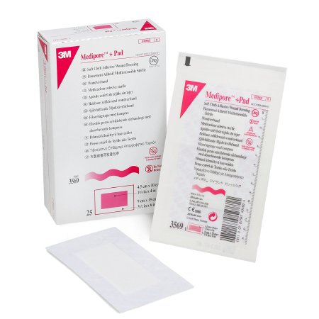 3M  3569 Adhesive Dressing 3M Medipore 3-1/2 X 6 Inch Soft Cloth Rectangle White Sterile