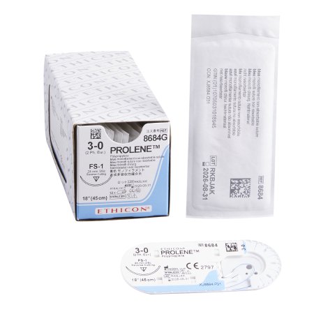 J & J Healthcare Systems  8684G Nonabsorbable Suture with Needle Prolene Polypropylene FS-1 3/8 Circle Reverse Cutting Needle Size 3 - 0 Monofilament