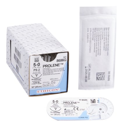 J & J Healthcare Systems  8686G Nonabsorbable Suture with Needle Prolene Polypropylene PS-2 3/8 Circle Precision Reverse Cutting Needle Size 5 - 0 Monofilament