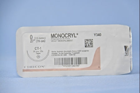 J & J Healthcare Systems  Y340H Absorbable Suture with Needle Monocryl Poliglecaprone CT-1 1/2 Circle Taper Point Needle Size 0 Monofilament