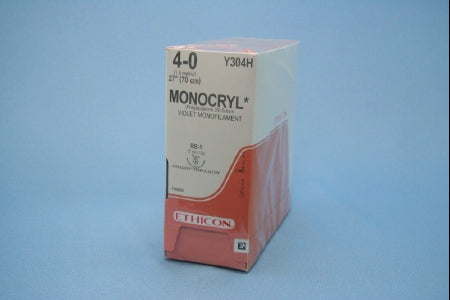 J & J Healthcare Systems  Y304H Absorbable Suture with Needle Monocryl Poliglecaprone RB-1 1/2 Circle Taper Point Needle Size 4 - 0 Monofilament