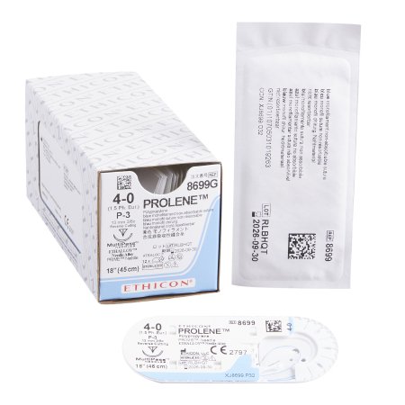 J & J Healthcare Systems  8699G Nonabsorbable Suture with Needle Prolene Polypropylene P-3 3/8 Circle Precision Reverse Cutting Needle Size 4 - 0 Monofilament