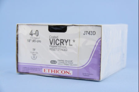 J & J Healthcare Systems  J743D Absorbable Suture with Needle Coated Vicryl Polyglactin 910 TF 1/2 Circle Taper Point Needle Size 4 - 0 Braided