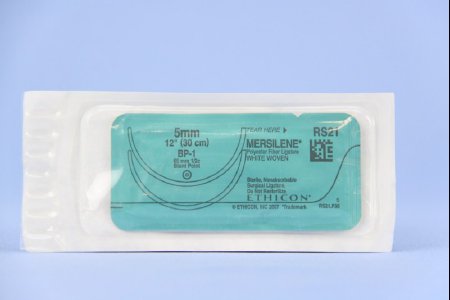 J & J Healthcare Systems  RS21 Nonabsorbable Suture with Needle Mersilene Polyester BoxP-1 1/2 Circle Blunt Point Needle Size 5 - 0 Braided