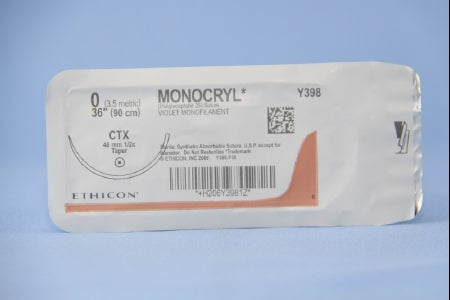 J & J Healthcare Systems  Y398H Absorbable Suture with Needle Monocryl Poliglecaprone CTX 1/2 Circle Taper Point Needle Size 0 Monofilament