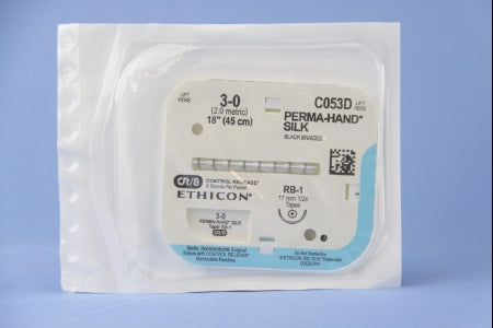 J & J Healthcare Systems  C053D Nonabsorbable Suture with Needle Perma-Hand Silk RB-1 1/2 Circle Taper Point Needle Size 3 - 0 Braided