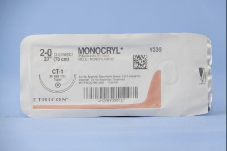 J & J Healthcare Systems  Y339H Absorbable Suture with Needle Monocryl Poliglecaprone CT-1 1/2 Circle Taper Point Needle Size 2 - 0 Monofilament