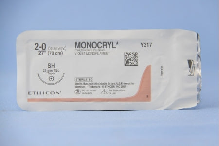 J & J Healthcare Systems  Y317H Absorbable Suture with Needle Monocryl Poliglecaprone SH 1/2 Circle Taper Point Needle Size 2 - 0 Monofilament