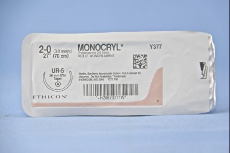 J & J Healthcare Systems  Y377H Absorbable Suture with Needle Monocryl Poliglecaprone UR-5 5/8 Circle Taper Point Needle Size 2 - 0 Monofilament