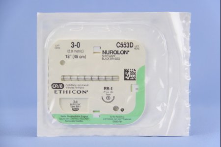 J & J Healthcare Systems  C553D Nonabsorbable Suture with Needle Nurolon Nylon RB-1 1/2 Circle Taper Point Needle Size 3 - 0 Braided