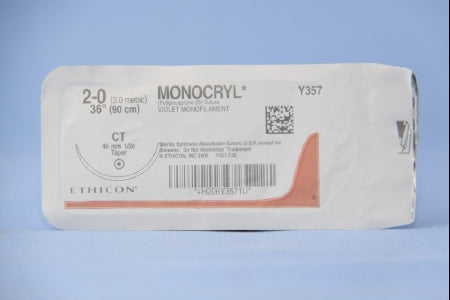 J & J Healthcare Systems  Y357H Absorbable Suture with Needle Monocryl Poliglecaprone CT 1/2 Circle Taper Point Needle Size 2 - 0 Monofilament