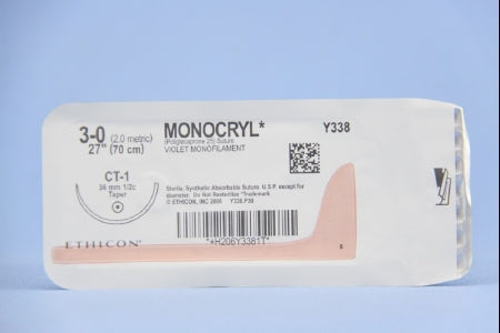 J & J Healthcare Systems  Y338H Absorbable Suture with Needle Monocryl Poliglecaprone CT-1 1/2 Circle Taper Point Needle Size 3 - 0 Monofilament