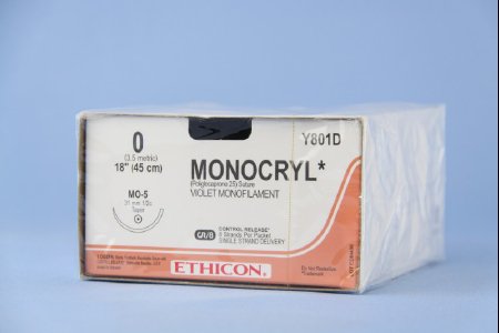 J & J Healthcare Systems  Y801D Absorbable Suture with Needle Monocryl Poliglecaprone MO-5 1/2 Circle Taper Point Needle Size 0 Monofilament