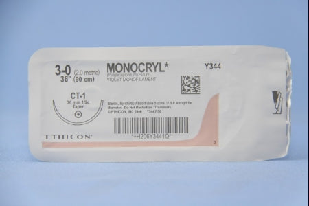 J & J Healthcare Systems  Y344H Absorbable Suture with Needle Monocryl Poliglecaprone CT-1 1/2 Circle Taper Point Needle Size 3 - 0 Monofilament