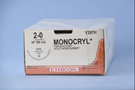 J & J Healthcare Systems  Y397H Absorbable Suture with Needle Monocryl Poliglecaprone CTX 1/2 Circle Taper Point Needle Size 2 - 0 Monofilament