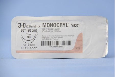 J & J Healthcare Systems  Y527H Absorbable Suture with Needle Monocryl Poliglecaprone SH 1/2 Circle Taper Point Needle Size 3 - 0 Monofilament