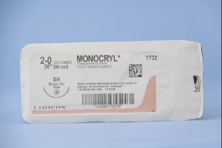 J & J Healthcare Systems  Y732H Absorbable Suture with Needle Monocryl Poliglecaprone SH 1/2 Circle Taper Point Needle Size 2 - 0 Monofilament