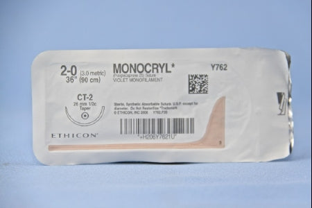 J & J Healthcare Systems  Y762H Absorbable Suture with Needle Monocryl Poliglecaprone CT-2 1/2 Circle Taper Point Needle Size 2 - 0 Monofilament