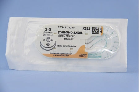 J & J Healthcare Systems  X522H Nonabsorbable Suture with Needle Ethibond Polyester SH 1/2 Circle Taper Point Needle Size 3 - 0 Braided