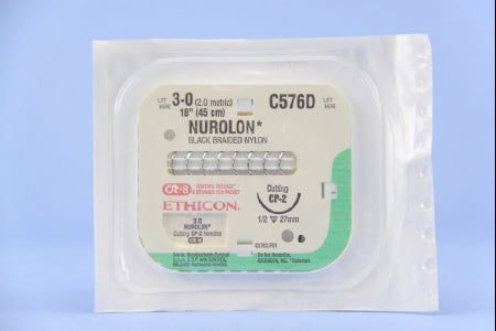 J & J Healthcare Systems  C576D Nonabsorbable Suture with Needle Nurolon Nylon CP-2 1/2 Circle Reverse Cutting Needle Size 3 - 0 Braided