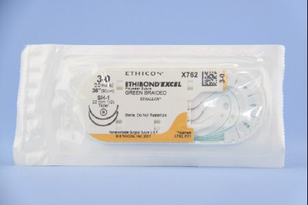 J & J Healthcare Systems  X762H Nonabsorbable Suture with Needle Ethibond Polyester SH-1 1/2 Circle Taper Point Needle Size 3 - 0 Braided