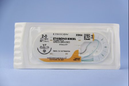 J & J Healthcare Systems  X964H Nonabsorbable Suture with Needle Ethibond Polyester V-7 1/2 Circle Taper Cutting Needle Size 2 - 0 Braided